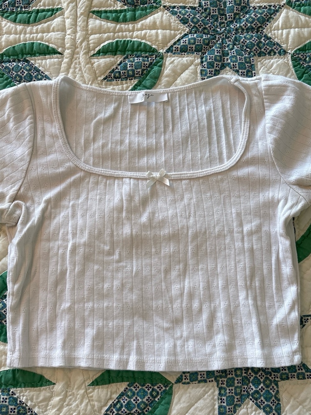 gaze White Ribbed Square-Neck Crop Top with Bow Accent